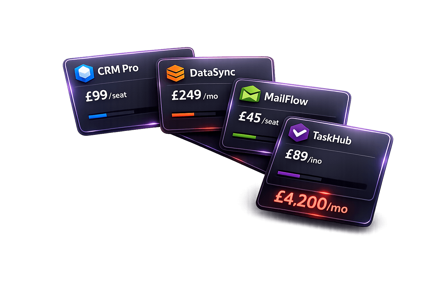 Stack of expensive SaaS subscription cards showing low usage — the software tax