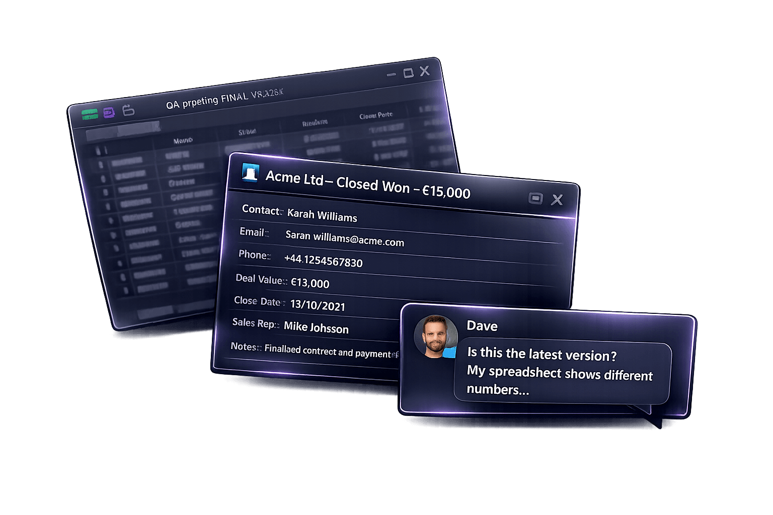 Overlapping spreadsheet, CRM and chat windows showing conflicting data